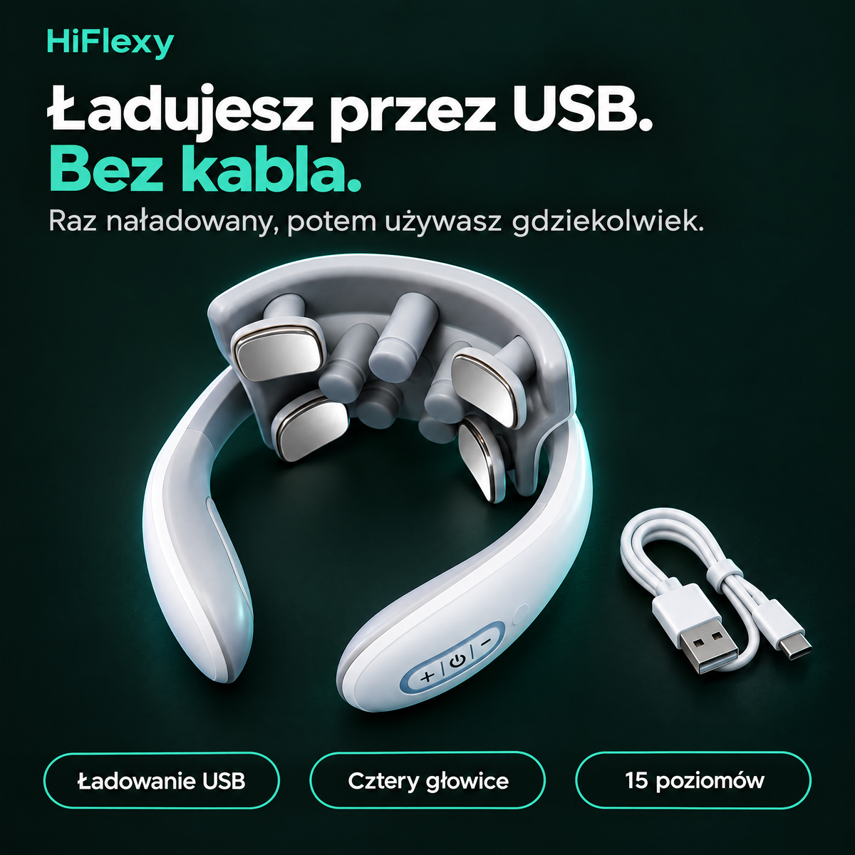 Ładowanie USB, praca bez kabla